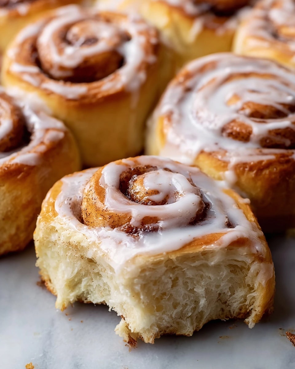 The image shows a close-up of several cinnamon rolls with a soft, fluffy texture, arranged closely together. Each roll has a light brown dough base with visible swirls of darker cinnamon filling. On top, a smooth, white glaze is drizzled, adding a shiny layer that softly melts into the roll's creases. The rolls sit on a surface with a soft white marbled texture, emphasizing their warm and fresh-baked look. photo taken with an iphone --ar 4:5 --v 7