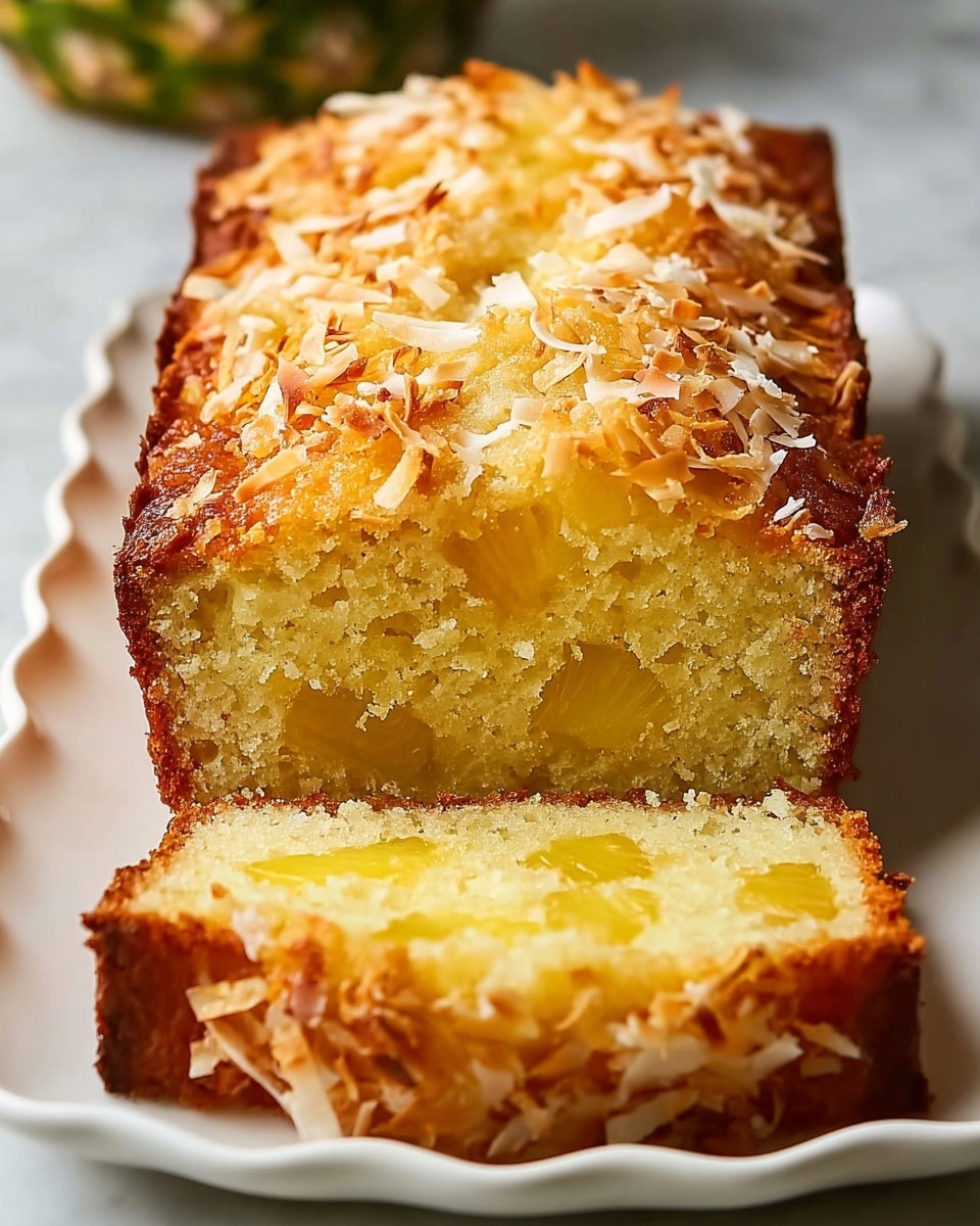A close-up of a sliced loaf cake placed on a white plate, showing four visible layers: the bottom layer is golden brown crust, the second and third layers consist of a light yellow, moist cake with visible chunks of pineapple inside, and the top layer is covered with toasted, light brown shredded coconut flakes adding texture and color contrast. The cake has a soft, crumbly texture with slightly darker edges, and it is set on a white marbled surface. Photo taken with an iphone --ar 4:5 --v 7