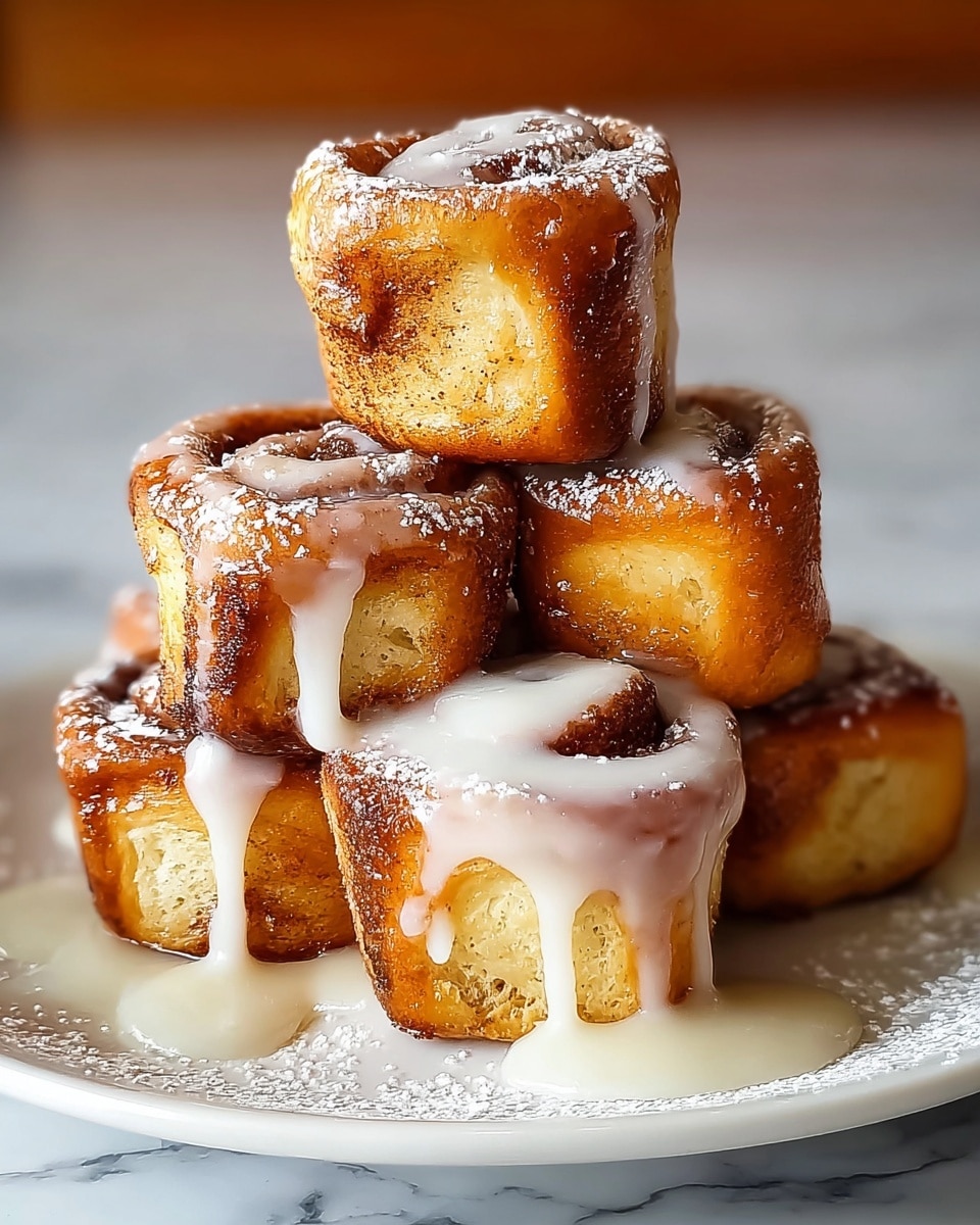 A stack of mini cinnamon rolls arranged in a pyramid on a white plate, each roll showing a golden-brown crispy outer layer with visible cinnamon swirls inside. The rolls are drizzled heavily with a thick, creamy white icing that drips down the sides and pools slightly at the base, with some light powdered sugar sprinkled over the top. The background is a soft blur with a white marbled surface beneath the plate. photo taken with an iphone --ar 4:5 --v 7