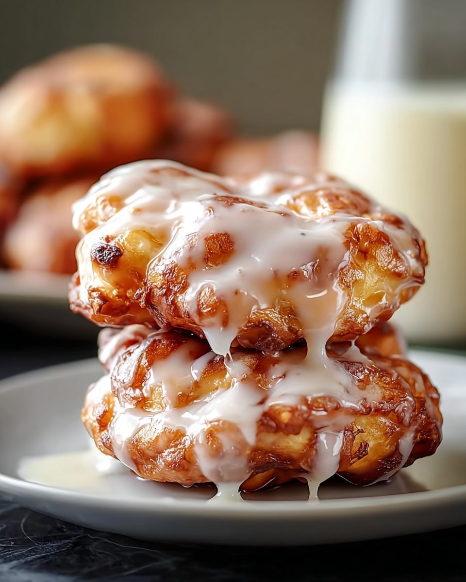 The image shows two golden-brown fried apple fritters stacked on top of each other on a white plate. Each fritter has a rough, crispy texture with visible chunks of apple inside and is covered with thick white icing that drips down the sides in smooth streams. The plate sits on a white marbled surface and the background is softly blurred with a glass of creamy-colored drink slightly visible behind the fritters. The lighting highlights the glossy glaze and the rich texture of the fritters. photo taken with an iphone --ar 4:5 --v 7