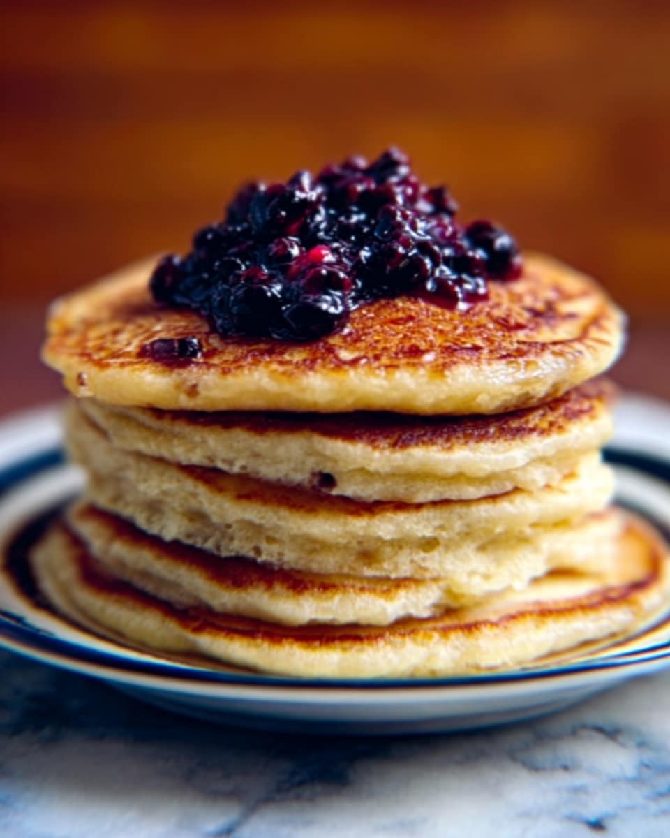 A stack of four thick, golden-brown pancakes sits on a white plate with blue trim, each pancake fluffy with a slightly uneven surface showing light browning and soft texture. On top of the stack, there is a small pile of glistening dark blackberries and deep red berries, adding a juicy and fresh look. In the background, a blurred white bowl holds more berries, all set against a white marbled surface. The lighting is warm, highlighting the pancakes' texture and the shiny berries. Photo taken with an iphone --ar 4:5 --v 7
