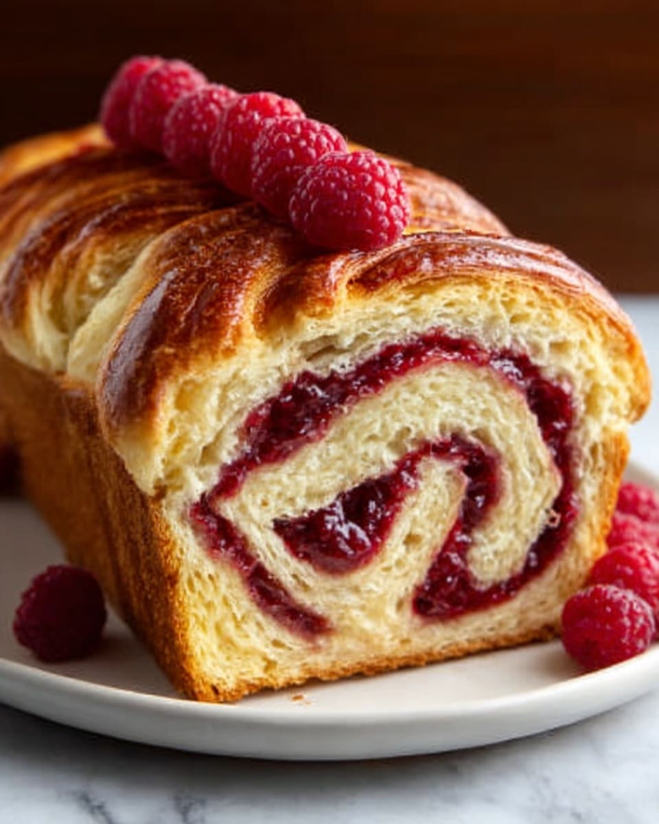The image shows a close-up of a sliced pastry with a spiral of red berry filling inside. The bread is golden-brown and shiny on the outside, with soft, light yellow layers inside that wrap around the red filling. The top of the pastry is topped with fresh red raspberries placed in a line. The slice is on a white plate, and the surface beneath has a white marbled texture. Photo taken with an iphone --ar 4:5 --v 7