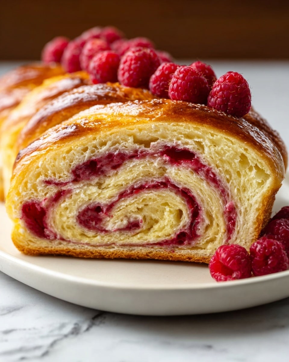 A loaf of bread with two visible thick layers: the outer layer is light golden brown, flaky, and shiny, showing the texture of baked croissant dough, while inside there is a thick, smooth, deep red swirl of berry jam running through the middle in a heart-like shape. On top of the loaf, there are whole fresh raspberries arranged in a line along the top edge. The loaf is placed on a white plate, on a white marbled surface. Photo taken with an iphone --ar 4:5 --v 7
