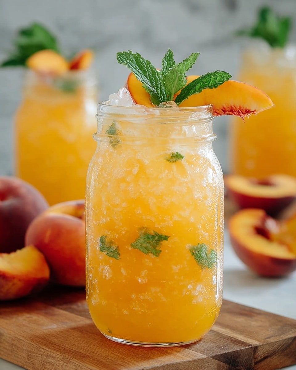 A tall clear glass jar filled with a bright orange-yellow drink sits on a wooden surface. The jar is packed with crushed ice, and inside the drink, there are visible thin slices of peach and small green mint leaves. At the top of the jar, there is a fresh green mint sprig and a wedge of peach leaning against the rim. In the background, there are two more similar jars filled with the same drink, blurred out, along with whole and cut peaches scattered around. The setting is bright with natural light and the background shows a window and white marbled texture. photo taken with an iphone --ar 4:5 --v 7