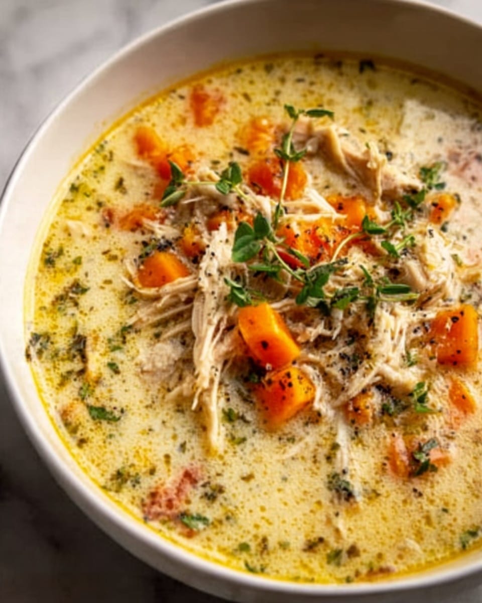 The image shows a bowl filled with creamy chicken soup. The soup has a base of light yellow broth with visible small herbs sprinkled throughout. On the top layer, there are shredded pieces of cooked chicken mixed with bright orange chunks of carrot. Small green herb sprigs are placed on top as garnish. The bowl is white and sits on a white marbled surface. The photo taken with an iphone --ar 4:5 --v 7