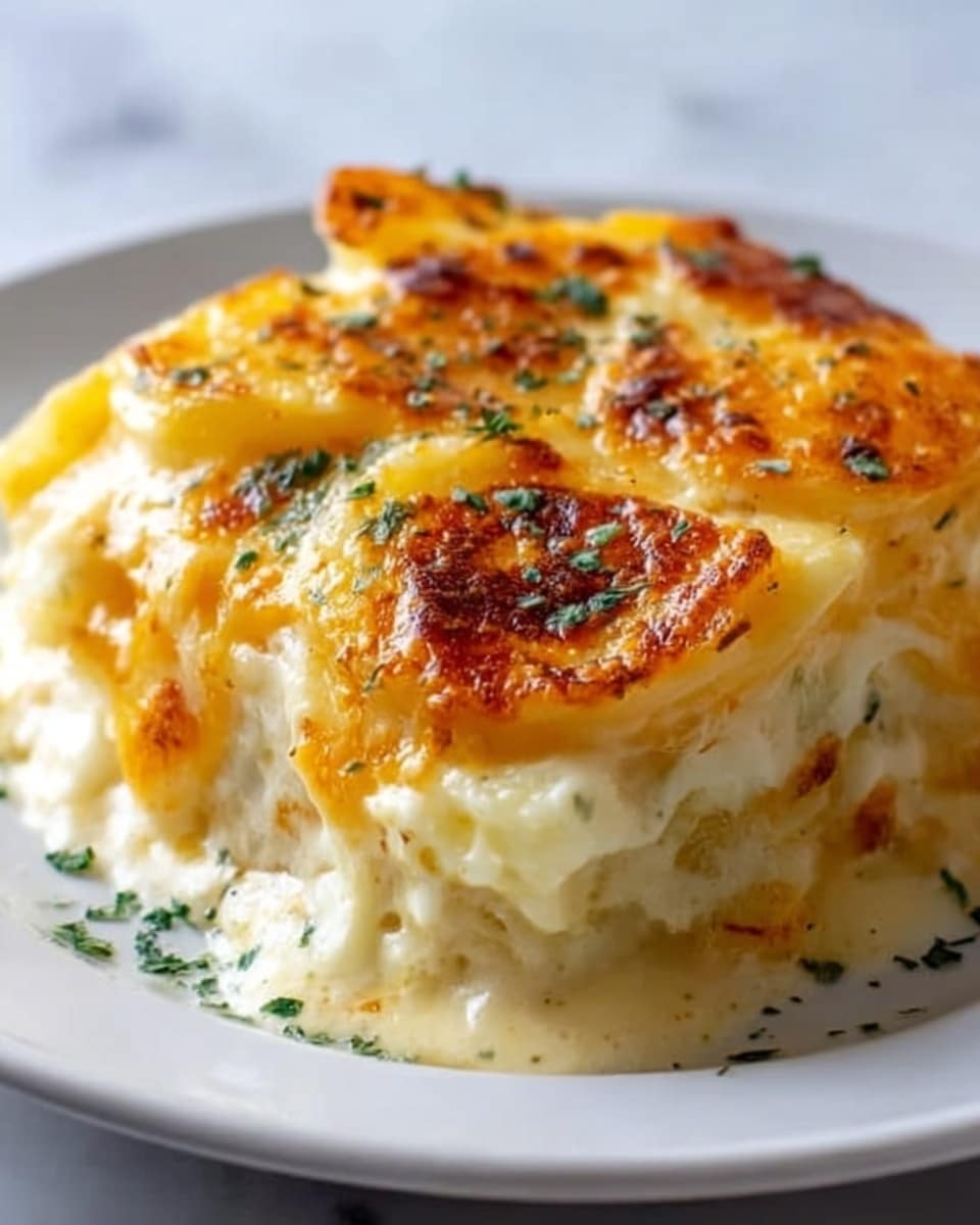 A creamy baked dish with layers of golden-brown melted cheese on top that has a slightly crispy texture and small green herb bits sprinkled over it. Below the cheese, there are thick, soft slices of light yellow potatoes covered in a smooth, rich white sauce. The dish is served on a simple white plate sitting on a white marbled surface. The layers are visible from the side, showing at least three layers of potatoes and sauce, topped by the cheese layer. photo taken with an iphone --ar 4:5 --v 7