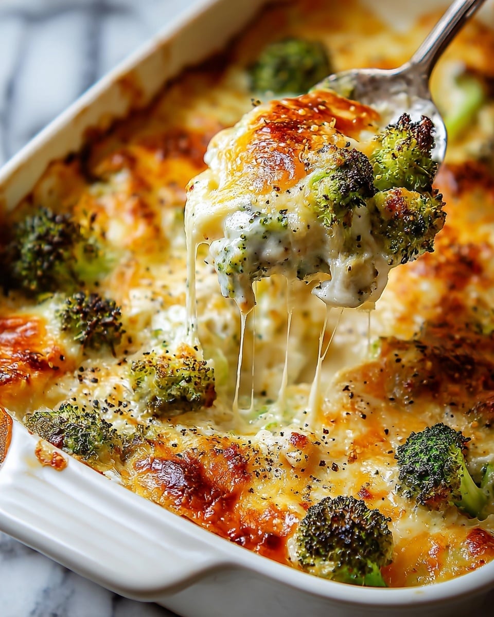 A white baking dish filled with a broccoli and cheese casserole is shown, with a spoon lifting one cheesy scoop. The casserole has multiple layers: the bottom layer is a creamy white sauce mixed with chunks of tender white chicken, followed by bright green broccoli florets scattered evenly on top. The whole dish is covered with melted cheese that is golden brown and bubbly, with some spots darker and crispy. Black pepper and herbs are sprinkled over the cheese, adding texture and color contrast. Strings of melted cheese stretch from the dish to the spoon, emphasizing the gooey texture. Photo taken with an iphone --ar 4:5 --v 7