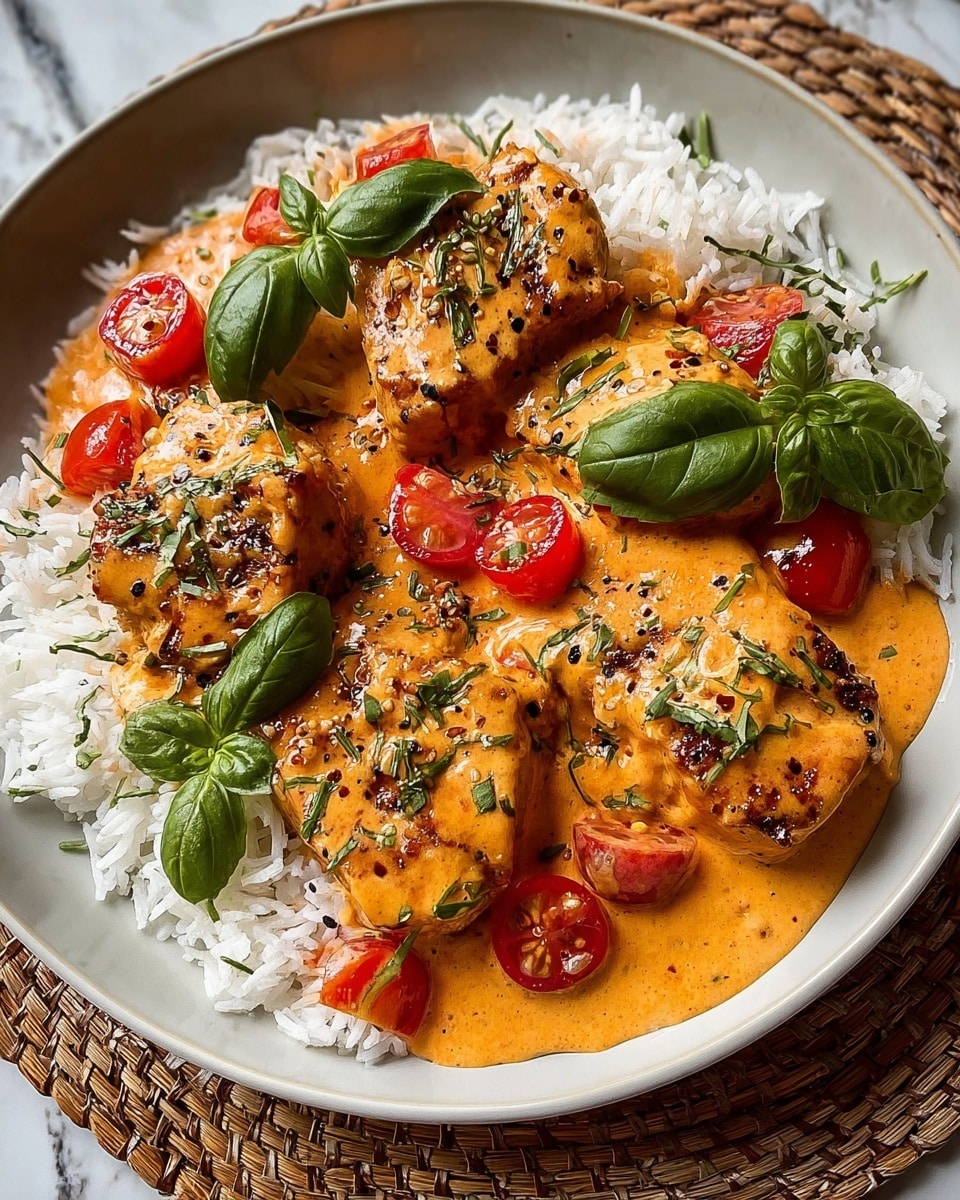 A dish showing a white bowl filled with fluffy white rice forming the bottom layer, topped with pieces of browned chicken covered in a thick, creamy orange sauce with a slightly shiny texture. There are scattered chopped red tomato pieces and fresh green basil leaves on top and around the sauce-covered chicken. The sauce is dotted with small herbs and black pepper, adding a speckled look. The whole dish sits on a white marbled surface with a woven placemat under the bowl. photo taken with an iphone --ar 4:5 --v 7