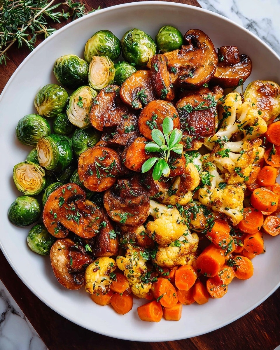 The image shows a white plate filled with sautéed gnocchi and mixed vegetables. The dish has about three main layers: the golden-brown gnocchi pieces with a crispy texture, scattered evenly all over the plate; bright green Brussels sprouts, some whole and some cut, adding a fresh contrast; and small orange carrot cubes dispersed throughout. There are small green herb pieces sprinkled on top, and a few sprigs of fresh rosemary and parsley placed in the middle for decoration. The plate sits on a white marbled surface. photo taken with an iphone --ar 4:5 --v 7