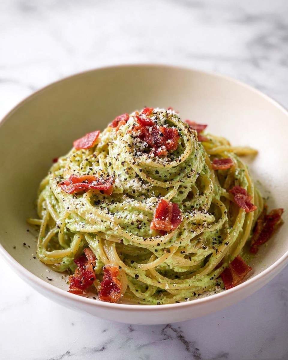 A white bowl holds a nest of spaghetti pasta coated in a creamy light green sauce, likely made from avocado or herbs. Scattered on top are several strips of crispy red bacon, adding a contrasting texture and color. The pasta is sprinkled with grated cheese and coarsely ground black pepper, adding specks of white and black all over. The bowl is placed on a white marbled surface, creating a clean and bright background. photo taken with an iphone --ar 4:5 --v 7