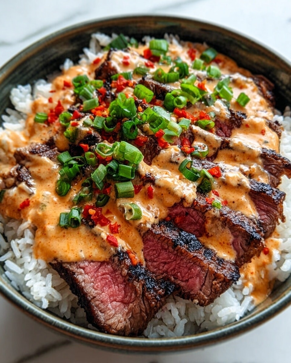 The dish shows thin slices of grilled steak, cooked medium rare with a pink center and dark, slightly charred edges, placed on a bed of fluffy white rice. On top of the steak, there is a thick creamy sauce with a light orange color and some red chili flakes sprinkled over it. Fresh chopped green onions are scattered on the sauce, adding a bright green color. The food is served in a white bowl, set on a background with a white marbled texture. Photo taken with an iphone --ar 4:5 --v 7