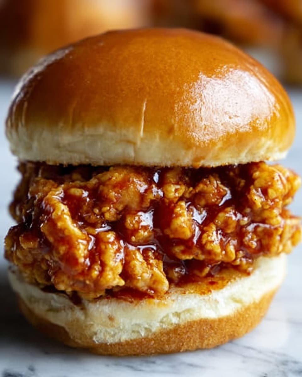 A close-up image of a sandwich with a soft, slightly shiny light brown top bun. Below the bun, there is a thick layer of crispy fried chicken pieces coated in a sticky, dark orange sauce that looks spicy and glossy. Underneath the chicken layer is a soft, pale bottom bun. The sandwich sits against a white marbled surface. Photo taken with an iphone --ar 4:5 --v 7
