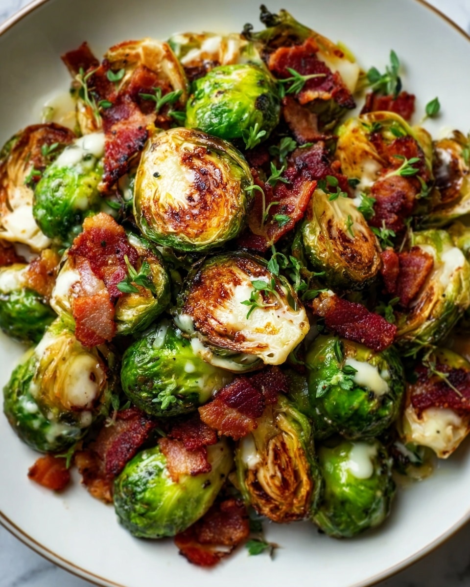 The image shows a close-up of a white plate filled with roasted Brussels sprouts and crispy bacon pieces. The Brussels sprouts are halved, with a golden-brown char on the flat sides, showing a mix of bright green leaves and browned, crispy edges. The bacon strips are dark reddish-brown and appear crunchy, scattered evenly over the sprouts. Small chopped green herbs are sprinkled on top, adding a fresh touch. The plate sits on a white marbled surface. photo taken with an iphone --ar 4:5 --v 7