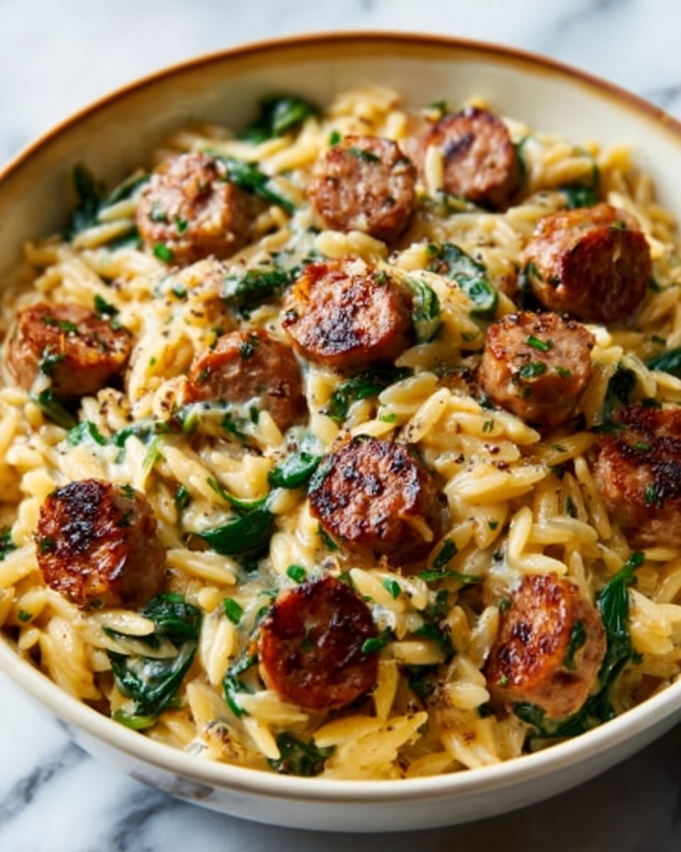 A white bowl filled with a creamy pasta dish, showing three layers: the bottom layer is light golden orzo pasta, the middle layer contains green spinach leaves mixed throughout, and the top layer has round, browned sausage slices evenly spread over the pasta. The sausages have a slightly crispy texture, with some herbs sprinkled on top for garnish. The bowl is placed on a white marbled surface. Photo taken with an iphone --ar 4:5 --v 7