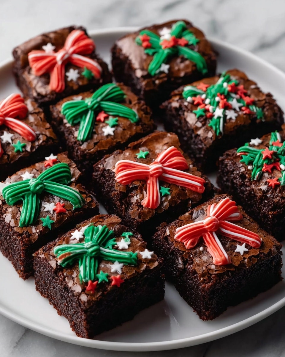 The image shows nine square brownie pieces arranged closely on a white plate with a white marbled texture beneath. Each brownie is dark brown with a slightly cracked top, giving a rough and chewy look. On the flat surface of each brownie, colorful decorations are placed to look like gift bows in two main colors: bright red and bright green, each with thin, ribbon-like lines crossing below the bow. Around the bows, small festive sprinkles in red, green, and white add extra color and texture. The arrangement and decoration make the brownies look like small, wrapped presents. photo taken with an iphone --ar 4:5 --v 7