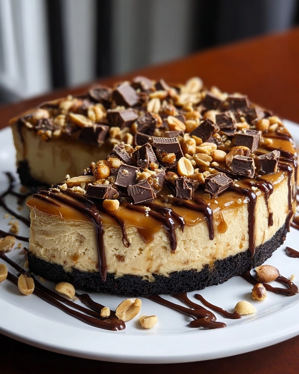 The image shows a layered pie on a white plate with a white marbled surface background. The pie has three visible layers: a dark crumbly crust on the bottom, a thick creamy beige middle layer, and a smooth caramel-colored top layer. The top is decorated with scattered peanut pieces and chunks of dark chocolate. Drizzles of dark chocolate sauce flow over the top and down the sides onto the plate, where there are also some broken chocolate pieces and peanuts. One slice is removed, showing the clean edges of the layers. photo taken with an iphone --ar 4:5 --v 7