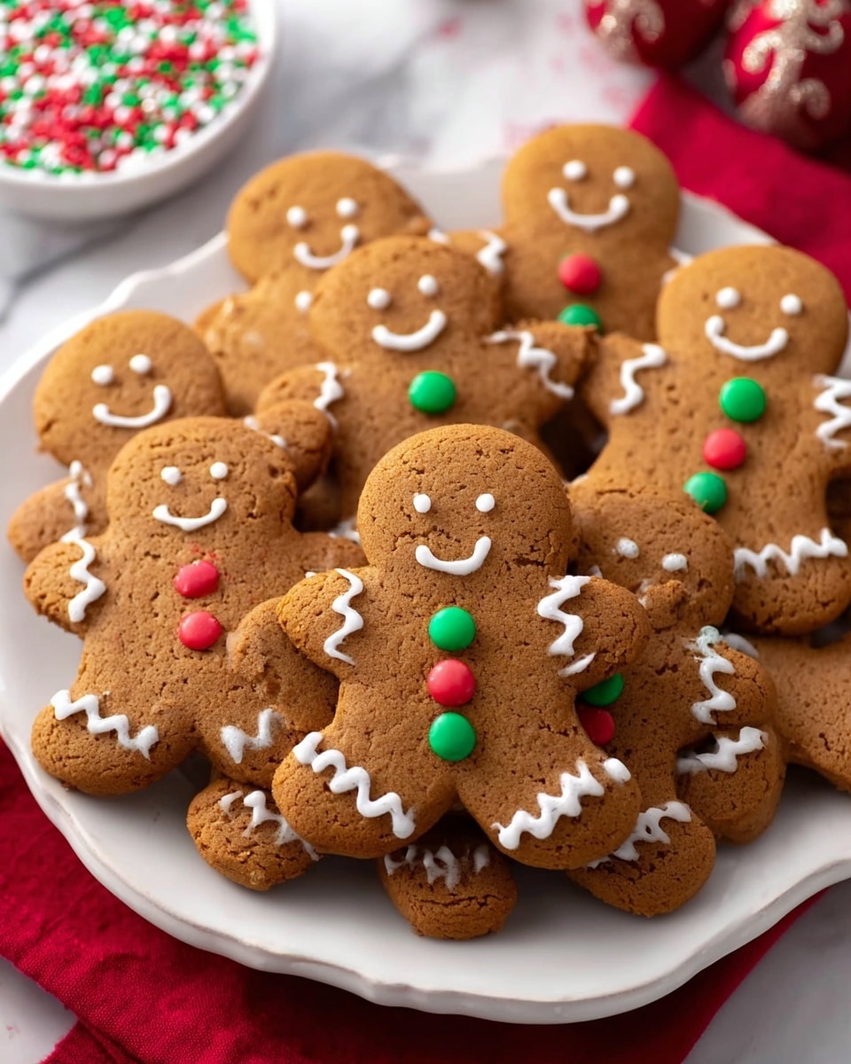 A white plate filled with about a dozen gingerbread cookies shaped like little people, each cookie having a light brown color and decorated with white icing forming smiling faces, eyes, and zigzag lines on arms and legs. Each cookie also has clusters of small, round red, green, white, and blue sprinkles on the chest area and a single larger green or red candy below the sprinkle cluster. The plate sits on a red cloth with a white marbled background softly visible. photo taken with an iphone --ar 4:5 --v 7