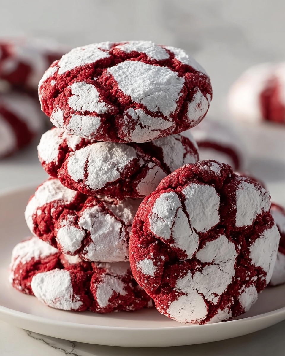 A stack of seven red velvet crinkle cookies sits on a white plate placed on a white marbled surface. Each cookie shows a cracked pattern with deep red dough beneath a thick dusting of white powdered sugar, creating a striking contrast. The cookies have a soft texture with irregular cracks spreading across the rounded shapes, and some cookies are slightly overlapping each other. In the blurred background, more cookies are scattered casually. The warm light highlights the powdered sugar and the rich red color of the dough. photo taken with an iphone --ar 4:5 --v 7