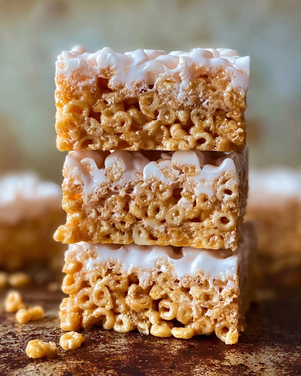 The image shows a close-up of a stack of three cereal bars. Each bar has two layers: a bottom layer of golden-brown puffed cereal pieces tightly packed together, and a top layer covered with a white, glossy marshmallow-like coating that binds the cereal. The top layer has a slightly uneven, bumpy texture with small cereal pieces showing through the white coating. The bars are placed on a rustic brown surface with some cereal crumbs around them, and there is a soft, blurred white marbled background behind the stack. photo taken with an iphone --ar 4:5 --v 7