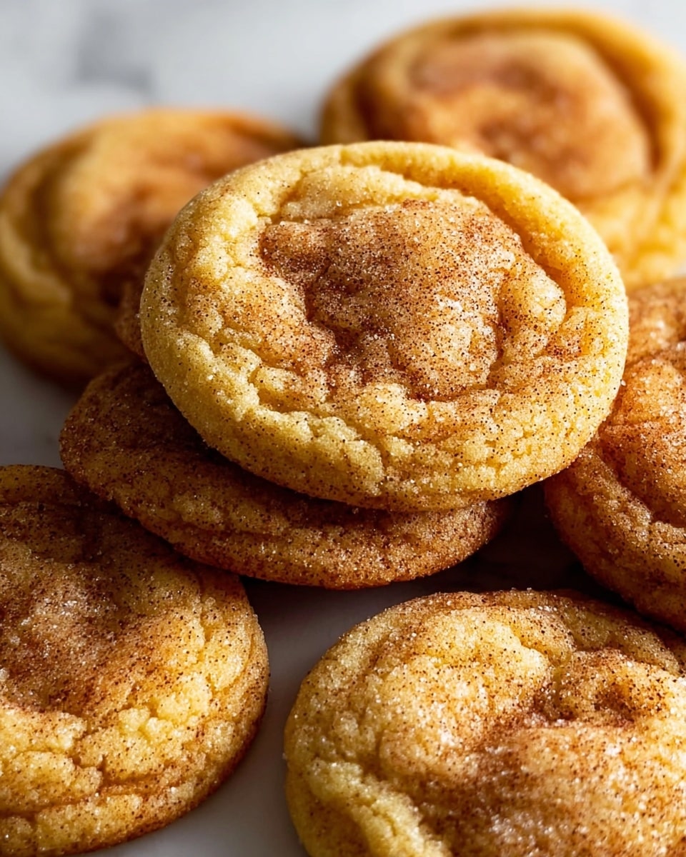 The image shows a close-up view of a stack of soft, round cookies with a slightly crinkled texture. Each cookie has a golden-brown color with darker brown specks of cinnamon powder spread evenly on top, giving a warm, spiced look. The top surface appears soft and slightly cracked, dusted generously with coarse sugar crystals that sparkle in the light. The cookies are layered on a white marbled surface, with a few cookies slightly overlapping each other, showcasing their thick and chewy texture. Photo taken with an iphone --ar 4:5 --v 7