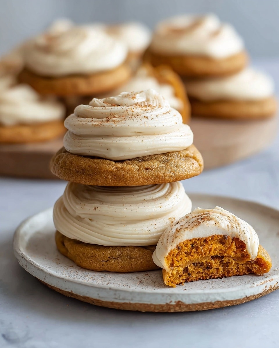 The image shows a close-up of two soft, thick pumpkin cookies stacked on top of each other, each topped with a generous swirl of creamy white frosting sprinkled lightly with cinnamon. To the left, a broken cookie leans against the stack, revealing its moist, orange-brown interior with smooth frosting on the bite edge. In the background, three more similar cookies are visible, slightly blurred, all set on a round white plate placed on a white marbled surface. The soft texture of the cookies contrasts with the smooth, swirled frosting, and the scene has warm, natural lighting. Photo taken with an iphone --ar 4:5 --v 7