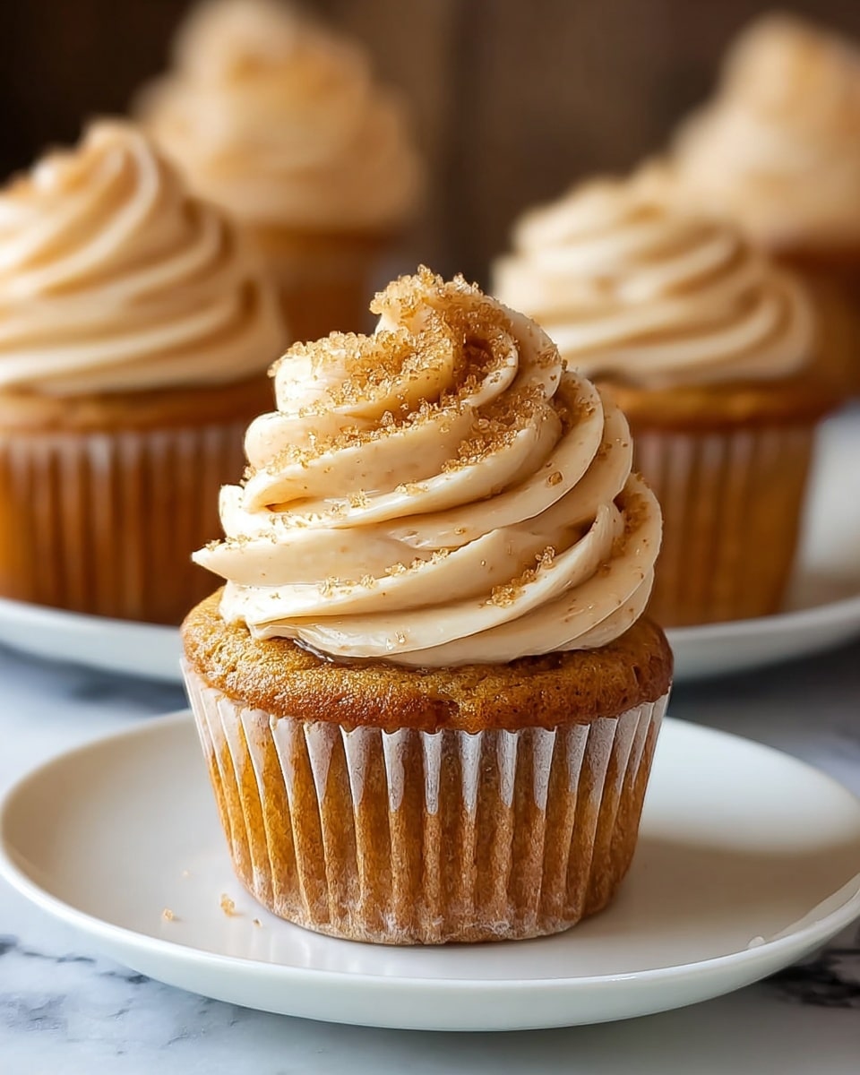 The image shows a close-up of a single cupcake placed on a white plate with a smooth, round edge, sitting on a white marbled surface. The cupcake has one main layer of golden brown cake in a white paper liner and a thick swirl of creamy light beige frosting on top. The frosting is decorated with small sprinkles of golden brown sugar crystals scattered evenly. In the softly blurred background, there are three more cupcakes with similar frosting, creating a cozy, inviting scene. Photo taken with an iphone --ar 4:5 --v 7