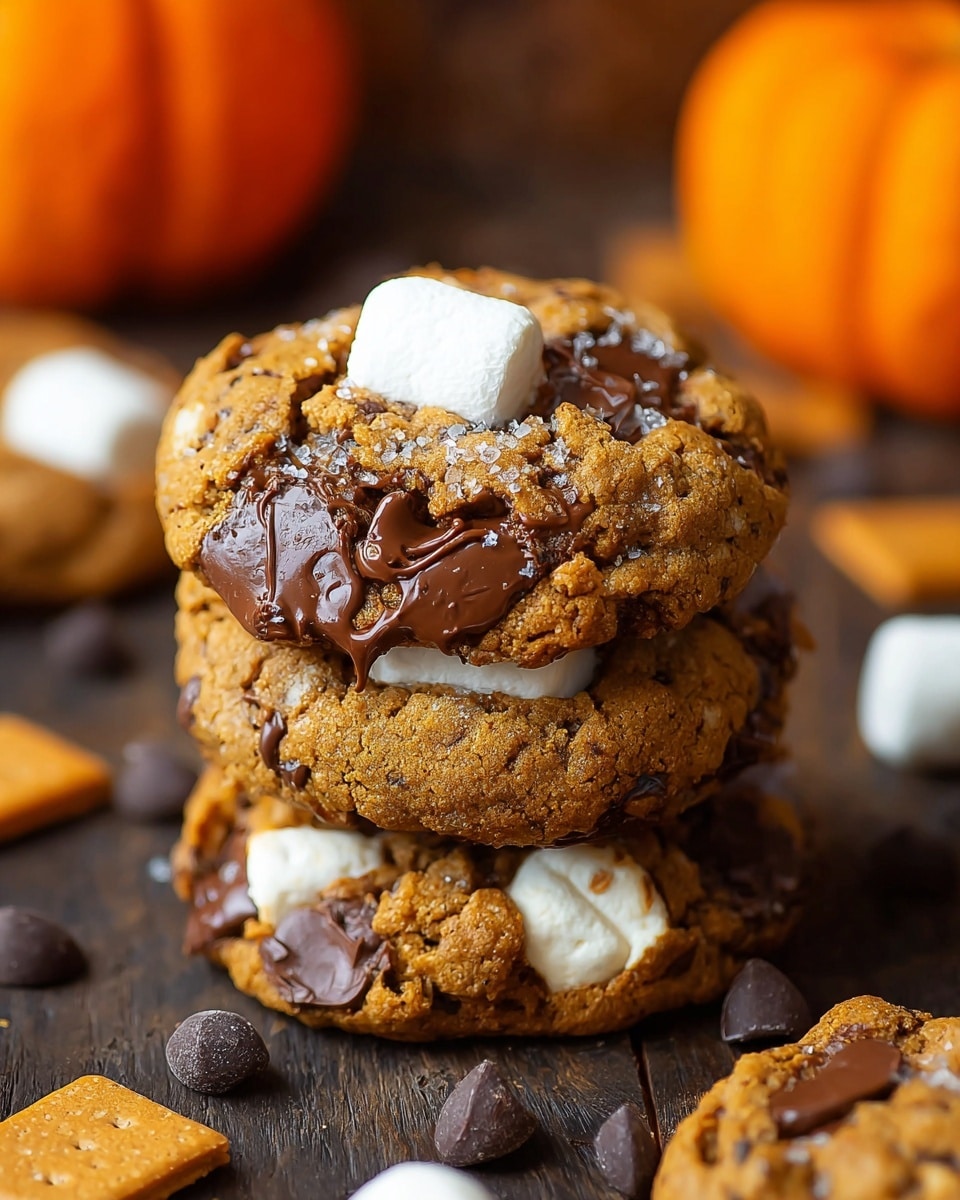 A close-up of a stack of three thick, golden-brown cookies with visible cracks and a chewy texture, each cookie studded with melted dark chocolate chunks and gooey white marshmallow pieces. The top cookie has a large, puffy white marshmallow prominently resting in the center, slightly melted and glossy. Surrounding the stack are scattered square graham cracker pieces and a few chocolate chips on a dark wooden surface, all set against a blurred background with orange pumpkins. photo taken with an iphone --ar 4:5 --v 7