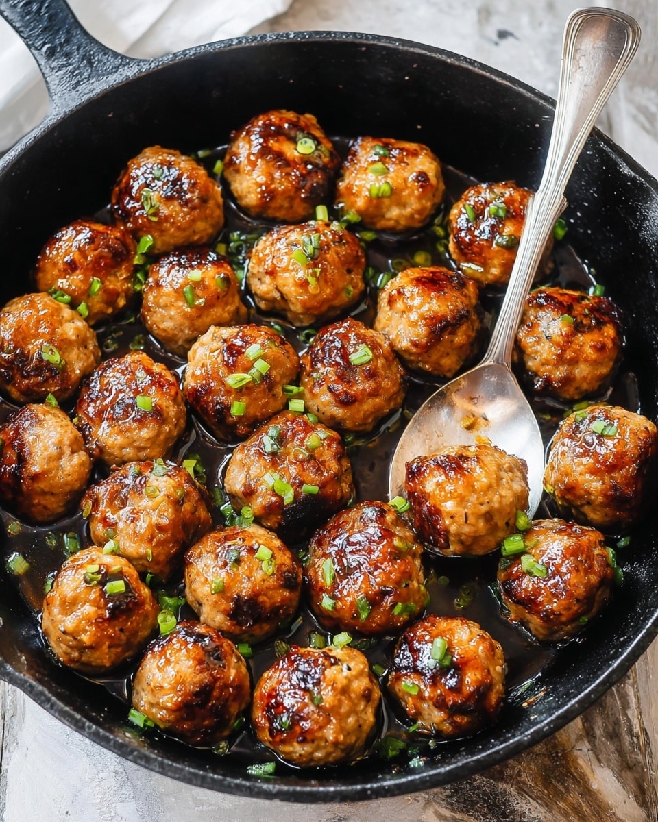 A black cast iron skillet filled with about 24 golden-brown, round meatballs arranged closely together, each meatball glistening with a shiny brown sauce and lightly sprinkled with small green onion pieces. The skillet sits on a white marbled surface. A large metal spoon rests on the right side inside the skillet, partially under one meatball. The meatballs have a slightly charred texture on top, showing perfect cooking marks. The sauce pools slightly under the meatballs, adding a glossy look throughout the pan. photo taken with an iphone --ar 4:5 --v 7