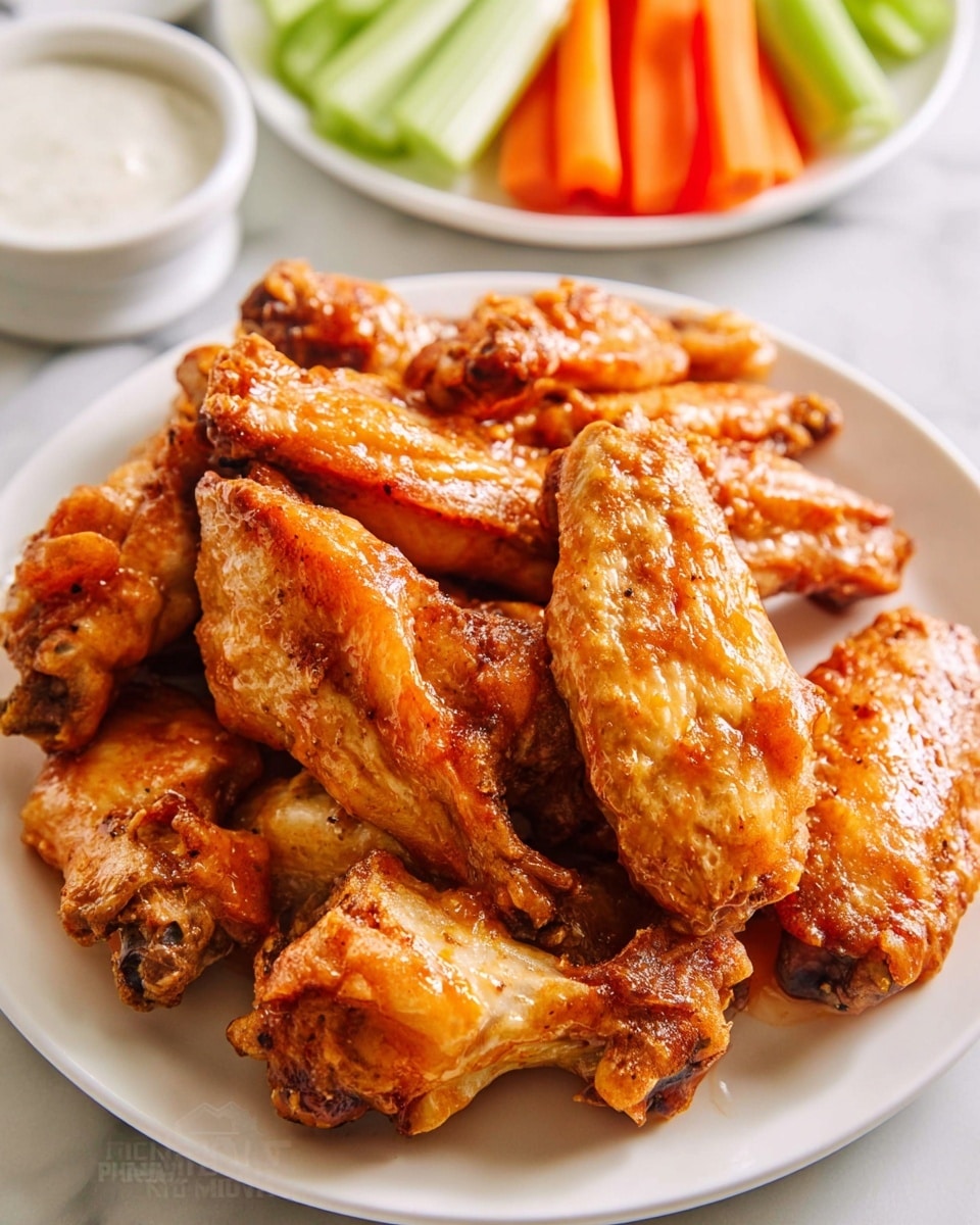 A white plate piled high with two layers of golden-brown chicken wings coated in a shiny, sticky sauce that looks slightly spicy, with visible texture from the crisp skin. In the background, a second white plate holds fresh celery sticks, bright green with a smooth texture, and carrot sticks, vibrant orange and crunchy-looking, along with a small bowl of creamy white dipping sauce. The setting is on a white marbled surface, creating a clean and simple look. The photo taken with an iphone --ar 4:5 --v 7