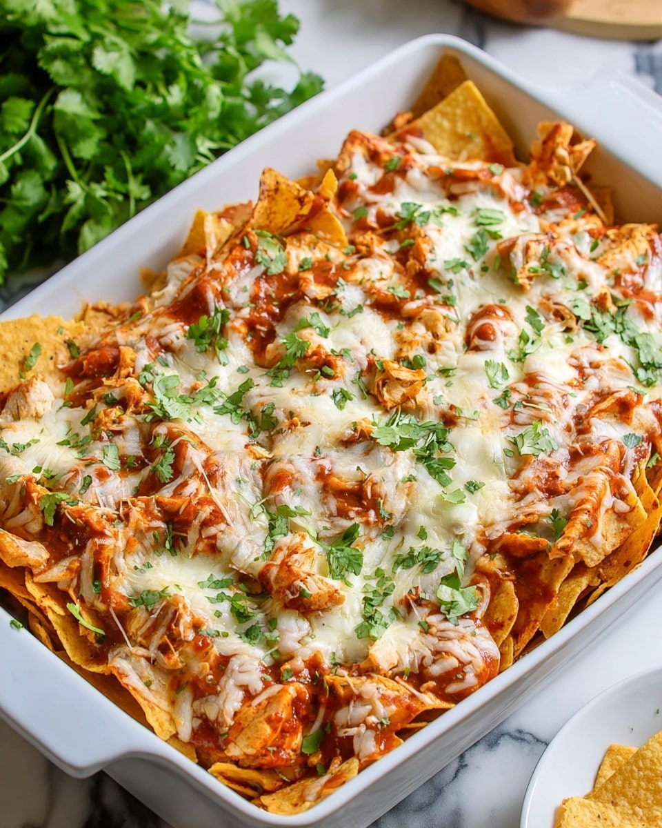 A white rectangular dish filled with layered nachos starting with a base of yellow, crunchy tortilla chips. On top, there is a thick layer of orange-red melted cheese mixed with chunks of cooked chicken and a red sauce that looks rich and savory. The topmost layer has melted white cheese spread unevenly, with small patches of green chopped cilantro sprinkled over the whole dish. The dish sits on a woven placemat with green leaves blurred in the background, all set on a white marbled surface. photo taken with an iphone --ar 4:5 --v 7