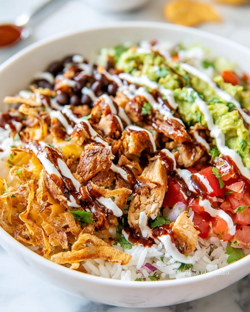 A white bowl filled with a layered dish starting with a base of white rice mixed with chopped tomatoes and fresh green herbs; on top left, creamy green avocado slices layered with white creamy sauce and dark brown barbecue sauce flowing over them; on the right side, golden-brown cooked chicken pieces mixed with black beans and diced red bell peppers; scattered over the top are crispy fried onion strings and small shredded yellow cheese; the dish is served on a white marbled surface with a silver spoon placed inside the bowl, near the chicken. photo taken with an iphone --ar 4:5 --v 7