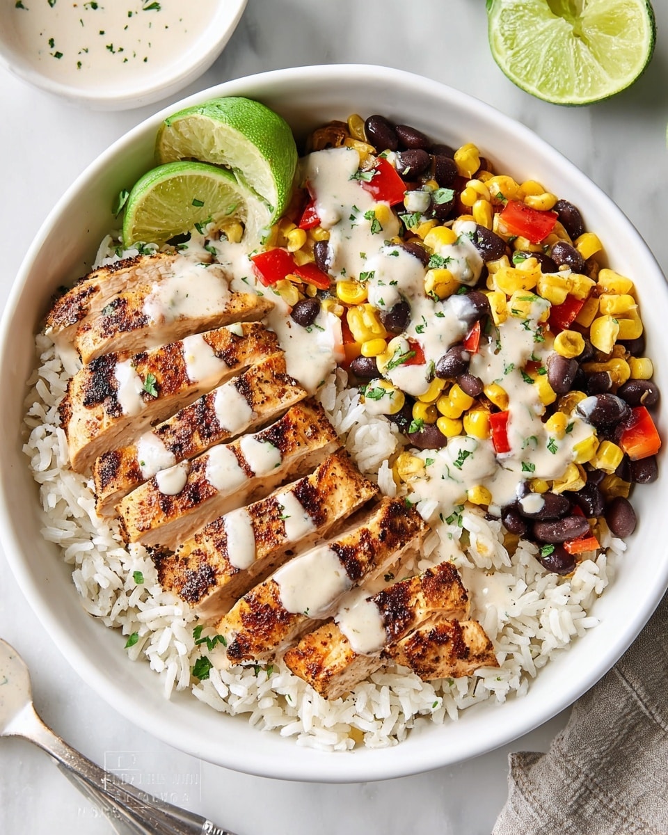 A white bowl contains a meal with three main layers. The bottom layer is fluffy white rice filling half the bowl. On top of the rice, on the right side, there is a colorful mix of black beans, bright yellow corn, and small red bell pepper pieces, drizzled with a light creamy sauce. On the left, there are several pieces of grilled chicken breast, sliced and showing light grill marks, topped with some green herb leaves and the same creamy sauce. Two lime wedges rest near the center as a garnish. The bowl is placed on a white marbled surface with a metal spoon nearby. Photo taken with an iphone --ar 4:5 --v 7
