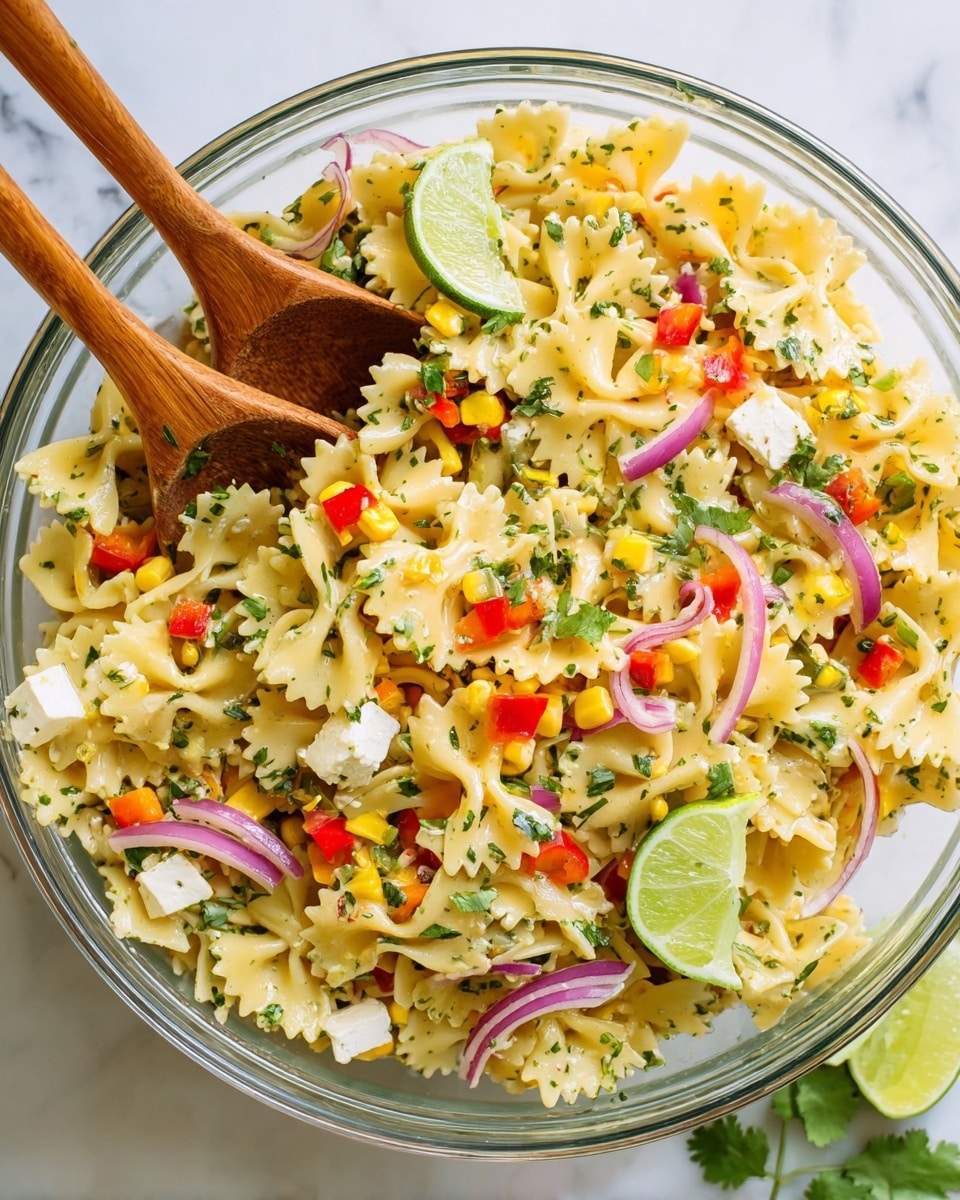 A clear glass bowl filled with a colorful pasta salad sits on a white marbled surface. The dish has three main layers visible: the bottom layer is made of light yellow farfalle pasta, mixed with small green herb bits coating the pasta. The middle layer has scattered diced red bell peppers, yellow corn kernels, small white cheese cubes, and chunks of green avocado. On top, there are thin light purple onion rings and fresh green cilantro leaves, with bright green lime wedges placed around the edges. Two wooden spoons rest inside the bowl, partially submerged in the salad. Photo taken with an iphone --ar 4:5 --v 7