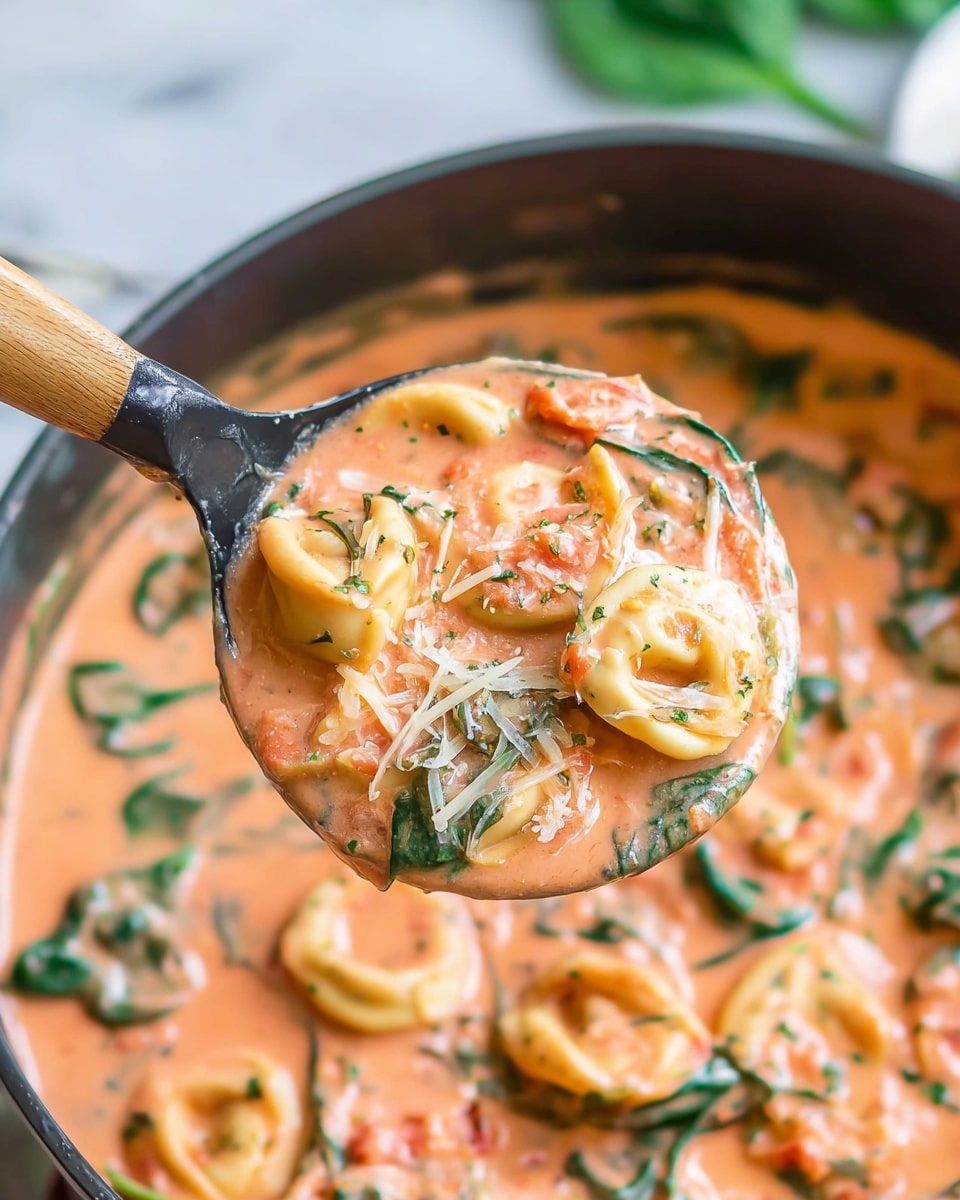 A close-up view shows a creamy pink-orange sauce filled with green spinach leaves and small circular tortellini pasta pieces covered in melted grated cheese. The dish is scooped by a black spoon with a wooden handle, held above a black pot that contains the same sauce and ingredients. The sauce looks smooth with bits of tomato and cheese spread throughout, and the spinach gives a fresh green contrast. The image background features a white marbled texture. photo taken with an iphone --ar 4:5 --v 7