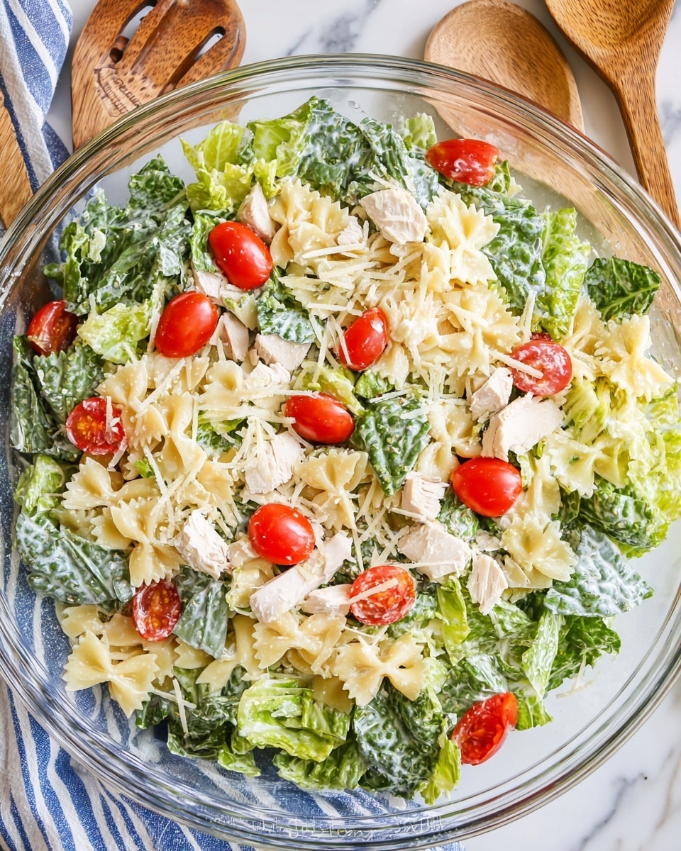A clear glass bowl filled with a layered salad sits on a round woven mat over a white marbled surface. The salad has fresh green romaine lettuce leaves fully coated in creamy dressing, bright red halved grape tomatoes scattered evenly on top and mixed inside, small pale yellow bow-tie pasta pieces spread throughout, and thin white shavings of cheese sprinkled over the entire salad. The textures show the leafy greens as crisp and slightly wet from dressing, the tomatoes shiny and smooth, and the cheese thin and brittle. Beside the bowl, a wooden spoon and fork rest on the marbled surface, with a blue and white striped cloth napkin nearby. photo taken with an iphone --ar 4:5 --v 7