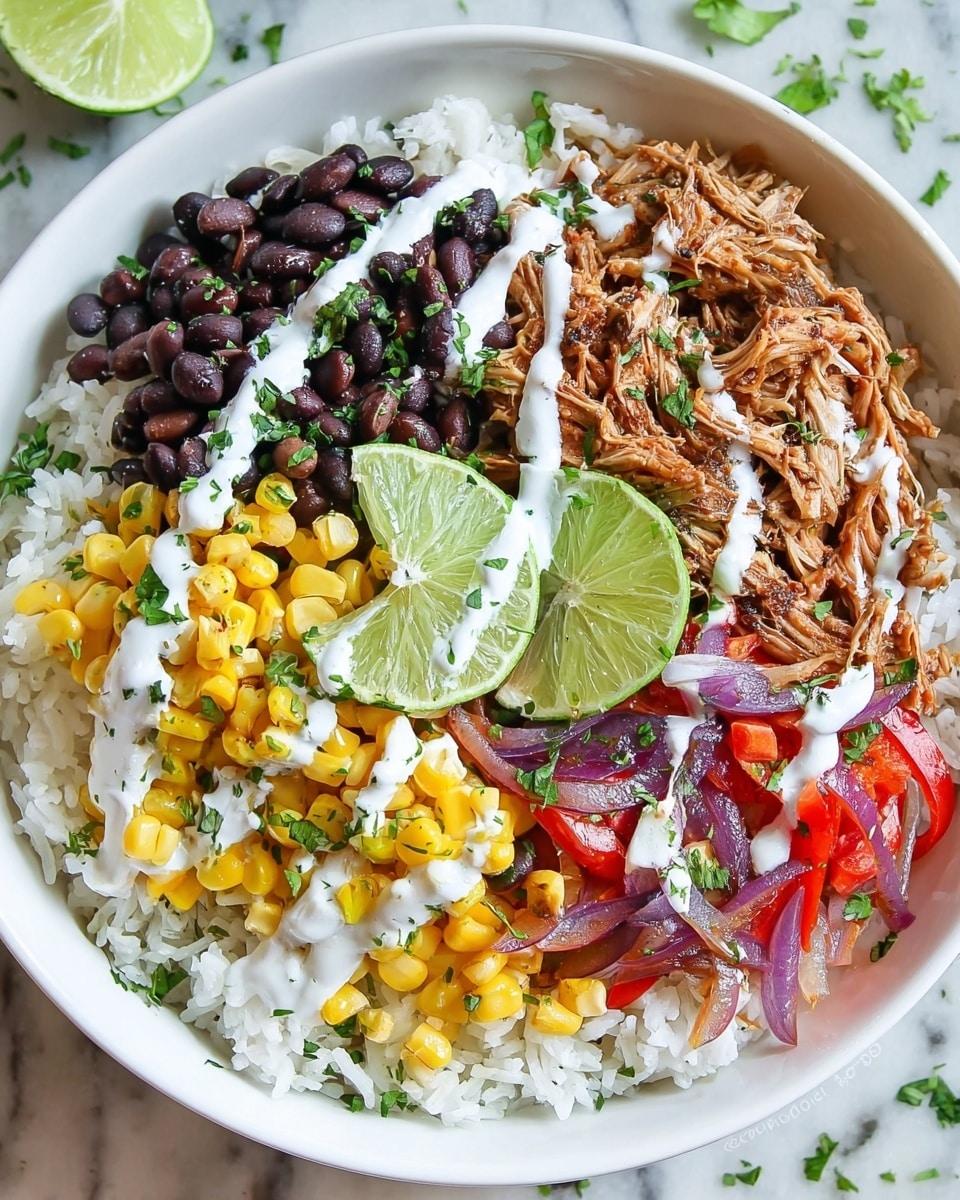 A white bowl filled with a colorful layered dish is shown on a white marbled texture. The base layer is white rice covering the bottom of the bowl. On top of the rice, there are sections of different ingredients: shredded brown meat on the upper right, bright yellow corn sprinkled over the meat and rice, black beans in the bottom center, and slices of red bell peppers mixed with purple onions on the left. Two green lime wedges are placed on the right side, partially covering the rice. The entire bowl is drizzled with a white creamy sauce and garnished with small green herb pieces scattered on all layers. photo taken with an iphone --ar 4:5 --v 7