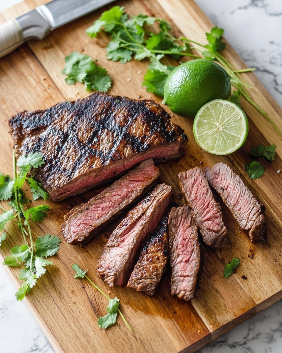 A grilled steak with a dark brown, charred outer layer is sliced into several thick pieces, showing a pink, juicy inside with a slightly rough texture. The steak is placed on a wooden cutting board, which also holds a halved green lime at the back and fresh green cilantro sprigs on both sides. A knife with a silver blade rests behind the lime. The cutting board sits on a white marbled texture surface. The overall scene is bright and fresh, highlighting the meat's texture and colors. Photo taken with an iphone --ar 4:5 --v 7