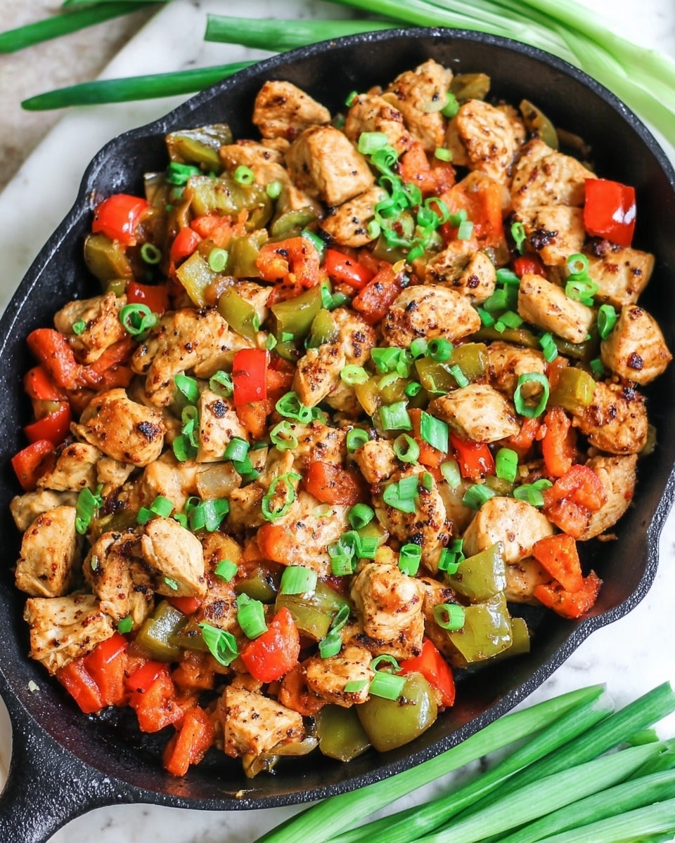The image shows a black cast-iron skillet filled with cooked pieces of chicken that are golden brown with some darker grill marks, mixed with chunks of red and green bell peppers, creating a mix of warm orange and green colors. On top, bright green pieces of chopped green onions are scattered evenly, adding a fresh contrast. The skillet sits on a woven mat, and to the left, a few whole green onions are partially visible. The background has been changed to a white marbled texture. photo taken with an iphone --ar 4:5 --v 7
