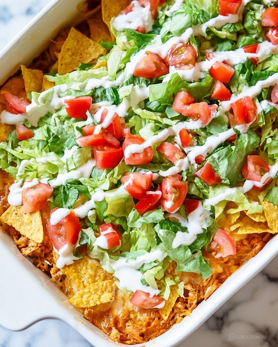 This dish is a layered casserole in a white ceramic dish. The bottom layer is made of a thick orange sauce mixed with pieces of chicken. On top of that is a crunchy layer of light yellow broken tortilla chips spread evenly. Above the chips, there is a fresh layer of green leafy lettuce with scattered small chunks of bright red tomatoes. The top is decorated with smooth white sour cream drizzled in long diagonal lines across the dish. The dish sits on a white marbled surface. photo taken with an iphone --ar 4:5 --v 7