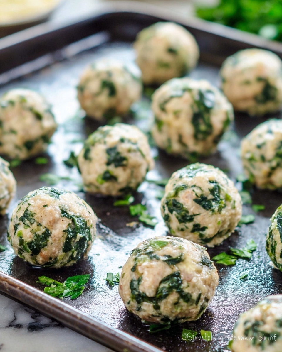 The image shows several small round meatballs on a dark baking tray, each made up of a mix of light beige meat and bright green leafy bits, likely spinach or herbs, evenly scattered throughout. The meatballs have a soft, slightly textured surface and are arranged in neat rows. The tray has some light grease or moisture spots around the meatballs, and a few loose green herb pieces are scattered on the tray. The background is blurred but shows hints of green leaves, and the entire scene is set on a white marbled texture. photo taken with an iphone --ar 4:5 --v 7