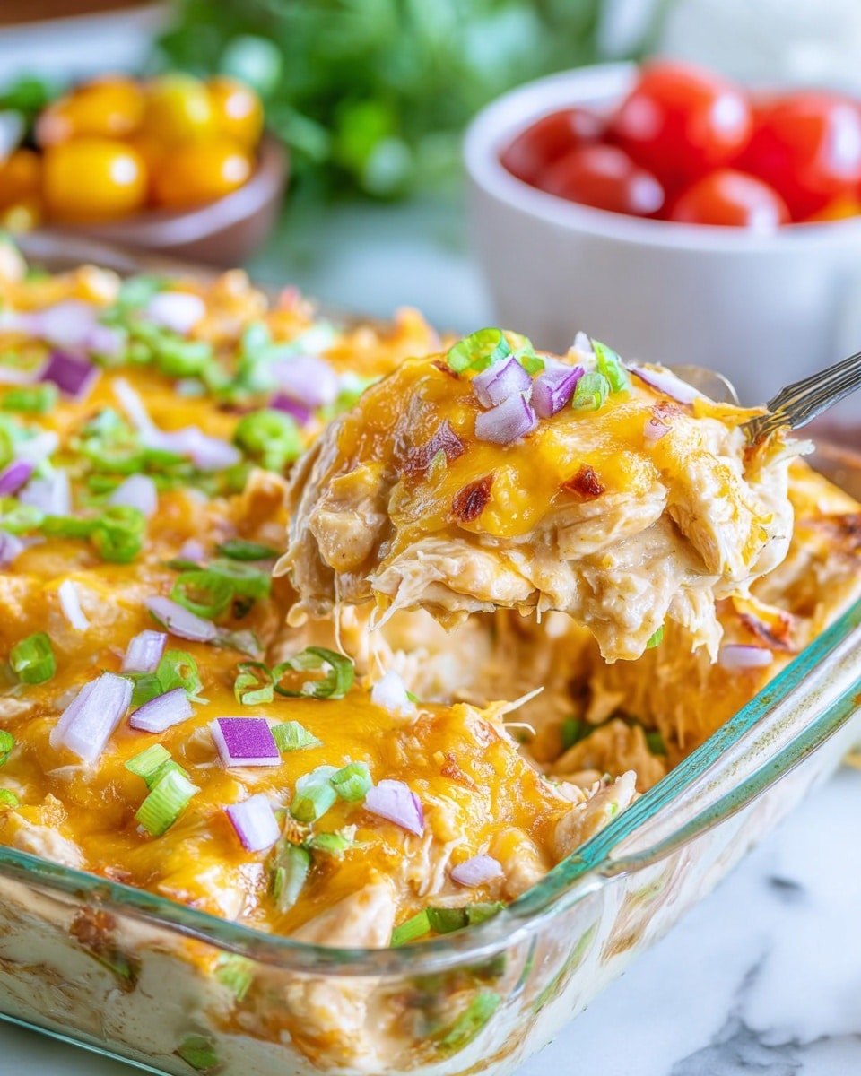 This image shows a glass baking dish filled with a cheesy chicken casserole. The bottom layer is made of shredded cooked chicken which appears light brown and tender. On top of the chicken, there is a rich layer of melted cheddar cheese, bright orange-yellow and slightly browned from baking. Scattered across the top are small pieces of green chopped green onions and thin slices of purple-red onion, adding color contrast. A woman's hand is holding a silver serving spoon scooping some of the casserole. In the blurred background, there is a white bowl filled with red cherry tomatoes and some pale green tortilla chips on a white marbled surface. Photo taken with an iphone --ar 4:5 --v 7