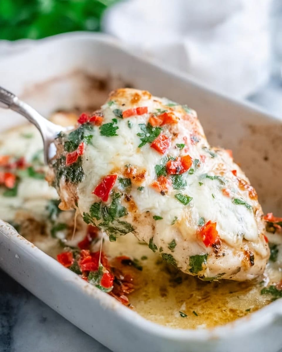 A close-up of a white rectangular dish holding a cooked chicken breast covered with a melted white cheese layer that is slightly browned in spots on top; under the cheese, there is a layer of chopped green herbs and small diced red peppers, adding color and texture, with the chicken itself looking seasoned and juicy at the bottom; bits of herb and pepper pieces scatter around the chicken inside the dish, which is set on a white marbled surface with a woman's hand holding a silver spatula lifting the chicken from the dish. photo taken with an iphone --ar 4:5 --v 7