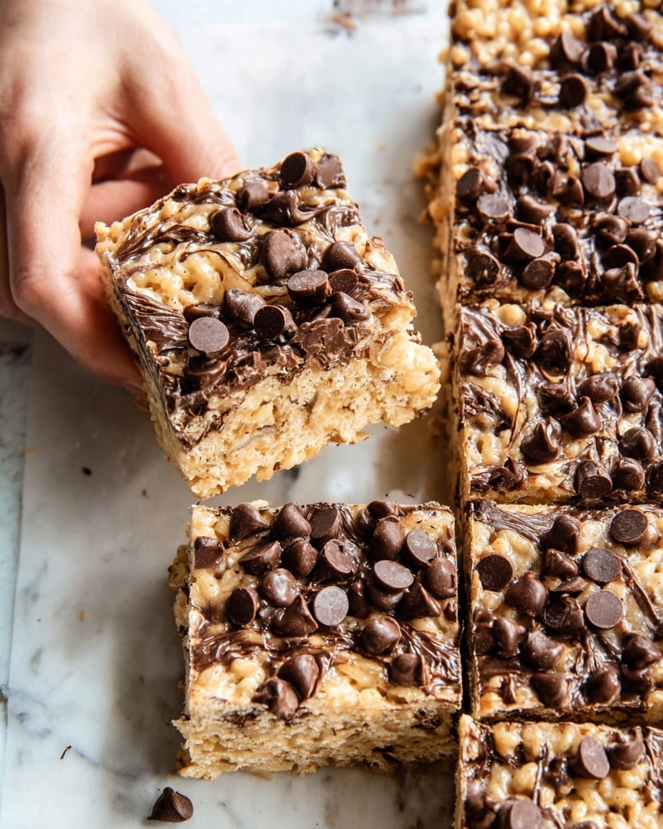 A close-up photo shows four thick rice crispy squares stacked closely together on a white marbled surface. Each square has two clear layers: a golden crispy rice base mixed with melted chocolate bits, creating a marbled texture, and a top layer thickly covered with dark chocolate chips. The surface of the squares looks gooey with shiny melted chocolate strands, and a woman's hand is gently holding the edge of one square on the left side. The overall look is rich and textured with a mix of crunchy and smooth chocolatey elements. photo taken with an iphone --ar 4:5 --v 7