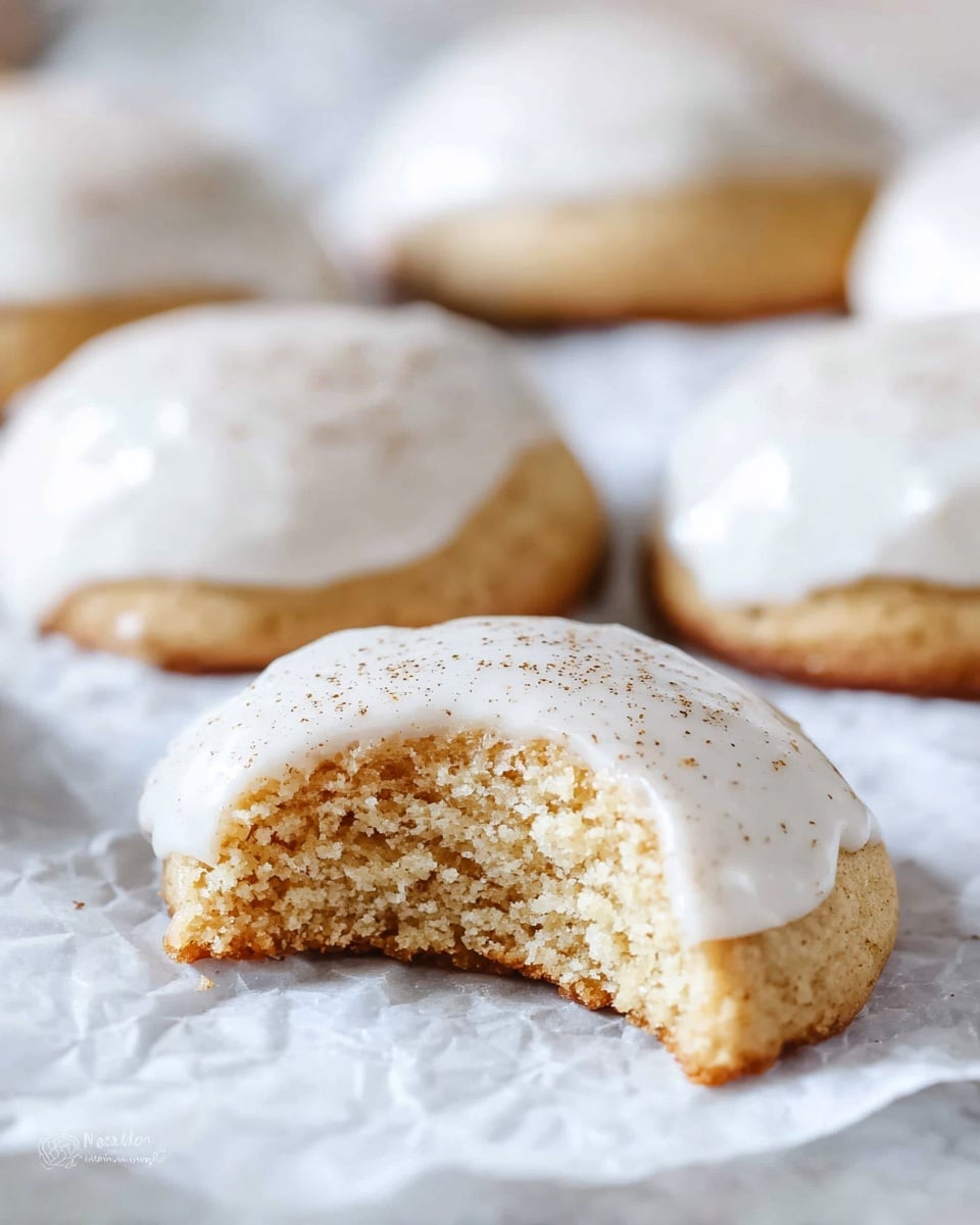 The image shows a close-up of a group of soft cookies on crumpled white parchment paper over a white marbled surface. One cookie is in the front and center with a bite taken out, revealing a fluffy, moist inside that is pale cream in color. Each cookie is round and dome-shaped, with a thin, smooth layer of light cream frosting on top sprinkled lightly with tiny brown specks, giving a slightly textured look to the smooth surface. The background is softly blurred, showing more cookies arranged randomly. Photo taken with an iphone --ar 4:5 --v 7