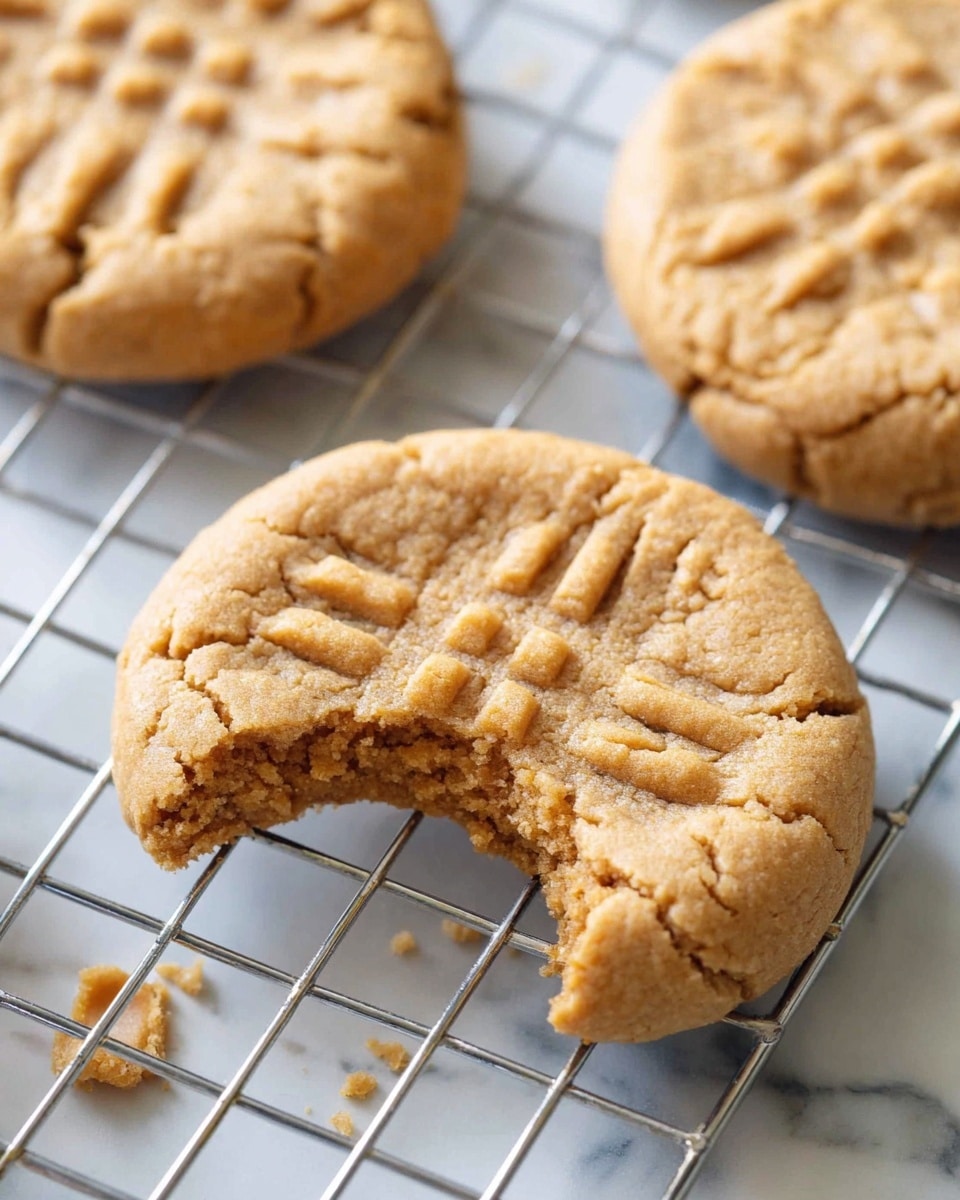 The image shows three peanut butter cookies with a soft, crumbly texture and light golden brown color. The cookie in the front has a bite taken out of it, revealing its dense and slightly grainy inside layer. Each cookie has a crisscross fork mark pattern on the top layer, adding a rustic texture. They are placed on a metal cooling rack, set against a background with a white marbled texture that softly reflects light. The overall look is warm and inviting, emphasizing the fresh, homemade feel of the cookies. photo taken with an iphone --ar 4:5 --v 7