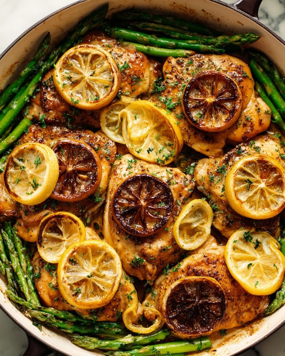 A white plate filled with cooked chicken breasts topped with golden brown lemon slices that have slightly charred edges, giving them a caramelized texture. Around the chicken and lemon slices are bright green cooked asparagus spears with a slight shine, showing their tender texture. The dish is sprinkled with fresh chopped herbs that add small bits of green, contrasting with the warm browns and yellows. The whole arrangement sits on a white marbled surface. Photo taken with an iphone --ar 4:5 --v 7