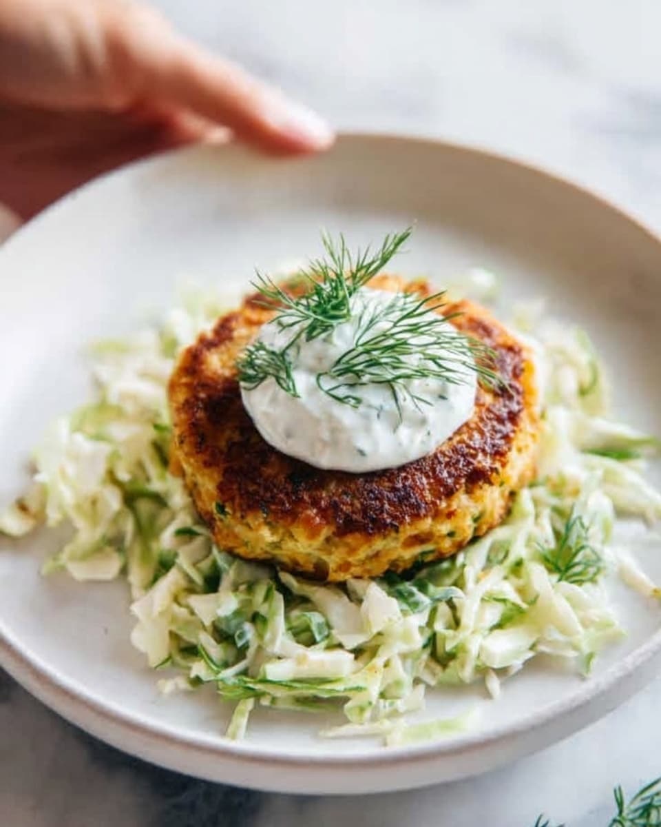 A single golden-brown crispy patty sits in the center of a white plate, resting on a bed of creamy, finely shredded green cabbage salad that spreads evenly around it. On top of the patty is a smooth dollop of white sour cream with a small sprig of fresh green dill placed carefully as a garnish. The plate is set on a white marbled surface, creating a clean and bright background. A woman's hand with a fork is partially visible on the edge of the image. photo taken with an iphone --ar 4:5 --v 7