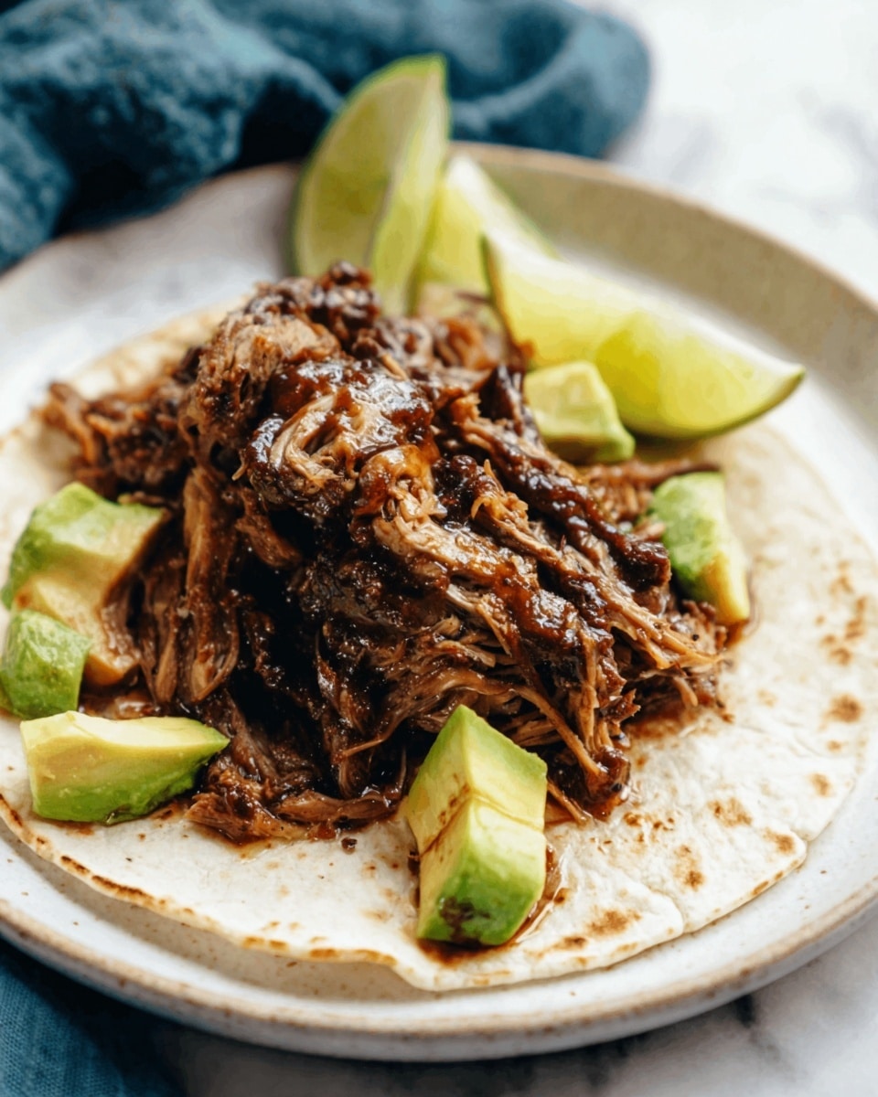 The image shows a white plate with a single flat, slightly charred tortilla as the base. On top of the tortilla, there is a pile of dark brown, shredded meat, which looks juicy and tender. Next to the meat, there are small, bright green avocado pieces arranged neatly. Two thin lime slices with a light green color rest on the edge of the plate. To the side of the plate, a soft blue cloth is partially visible, all set on a white marbled surface. Photo taken with an iphone --ar 4:5 --v 7