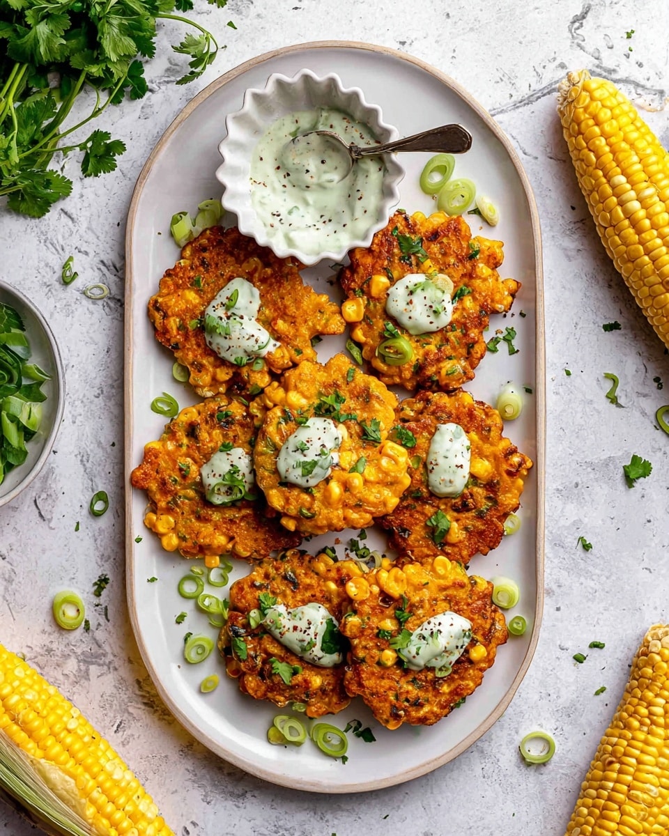 A white oval plate holds seven golden-brown corn fritters arranged closely, each with a slightly rough texture showing yellow corn kernels and bits of green herbs inside. Small dollops of creamy white sauce are scattered on some fritters, topped with sliced green onions and fresh cilantro leaves. To the lower left of the plate, a small white scalloped bowl filled with the same greenish-white sauce has a spoon resting inside. The plate sits on a white marbled surface with loose green onion slices, cilantro sprigs, and yellow corn kernels scattered around. Two ears of bright yellow corn are placed on the upper right side of the scene. photo taken with an iphone --ar 4:5 --v 7
