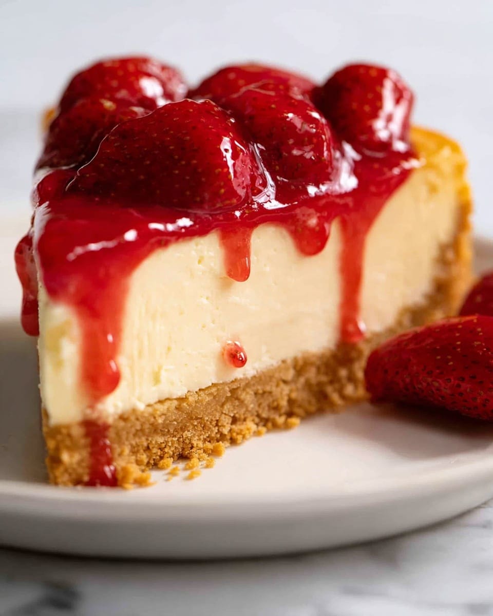 A close-up side view of a three-layer dessert showing a thick bottom crust that looks crumbly and light brown in color. The middle layer is a creamy, smooth, pale yellow cheesecake. On top, there is a glossy red strawberry topping with whole strawberries covered in a shiny glaze that softly drips down the side. The dessert rests on a white plate with some crumbs scattered around, placed on a white marbled surface. photo taken with an iphone --ar 4:5 --v 7